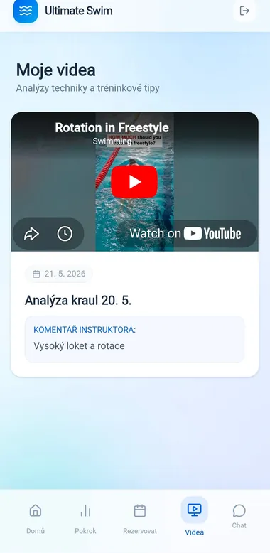 Mobilní verze klientské zóny Ultimate Swimming